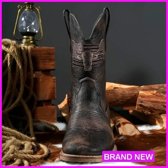Square Toe Cowboy Boots Classic Patriot Embroidered Western Vegan Leather Pull